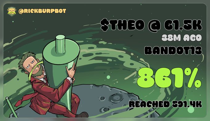 The image is a promotional graphic from "@RickBurpBot" showing a man in a red suit clinging to a rocket on the moon, with text reading "$THEO @ 61.3K, 38M AGO, BANDOT13, 867%, REACHED 591.4K," celebrating the token's massive price surge. This visualizes the post's boast that $Theo has already achieved an 8x gain, tying into the "Don't Blink, Don't Miss" narrative by highlighting how quickly the token multiplied before others could react.