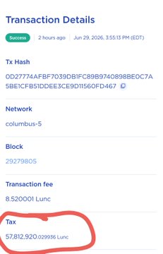 A transaction details page shows a "Success" LUNC transaction with hash 0D27774AFBF7039DB1FC89B9740898BE0DC7A5BE1CFB51DDEE3CE9D1560FD467, block 29279805, with a transaction fee of 8.520001 Lunc, and a highlighted tax burn of 57,812.920029936 Lunc, confirming the post's claim of V3y burning 57.8 million LUNC.