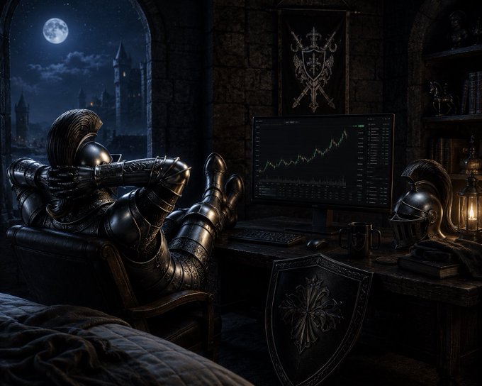 An armored knight relaxes in a chair looking at a stock chart on a computer monitor in a dark medieval chamber, with a moonlit castle visible through the window.