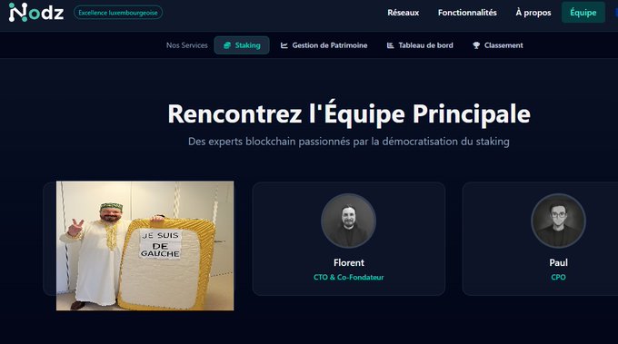A screenshot of the Nodz website showing the 'Rencontrez l'Équipe Principale' (Meet the Main Team) page featuring team members including Florent (CTO & Co-Fondateur) and Paul (CPO), alongside a person holding a sign reading 'JE SUIS DE GAUCHE'.
