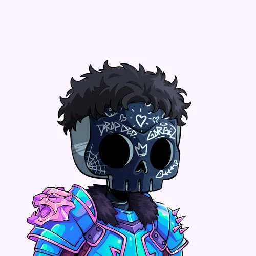 A digital illustration of a character wearing a dark skull mask covered in white graffiti including the words 'DRAPER GARBEE' and hearts, with messy black hair and vibrant blue and purple spiked armor.