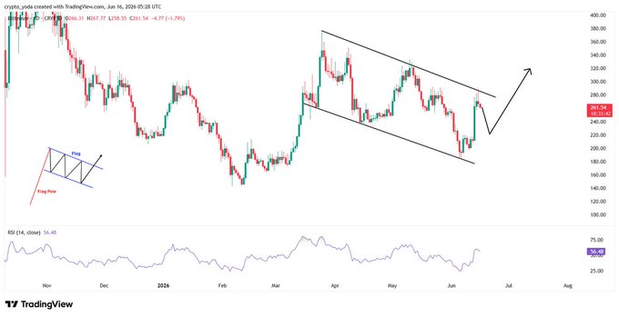 In the image, a chart is displayed that shows a bullish flag structure with Bittensor forming an upward trend. The chart indicates that the price has rebounded strongly from the lower channel support, leading to potentially strong gains in the coming days. A major rally could be expected, as indicated by the focus on $TAO and $320+ regions of the chart. This information might be relevant for those investing in Bittensor or tracking its performance in the cryptocurrency market.