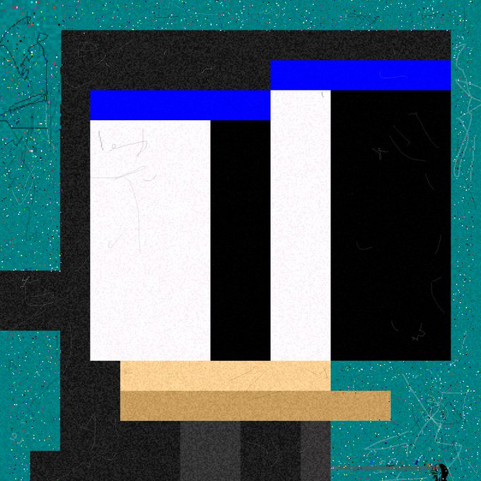 An abstract minimalist composition featuring black, white, blue, and tan rectangular blocks with textured patterns on a teal background.