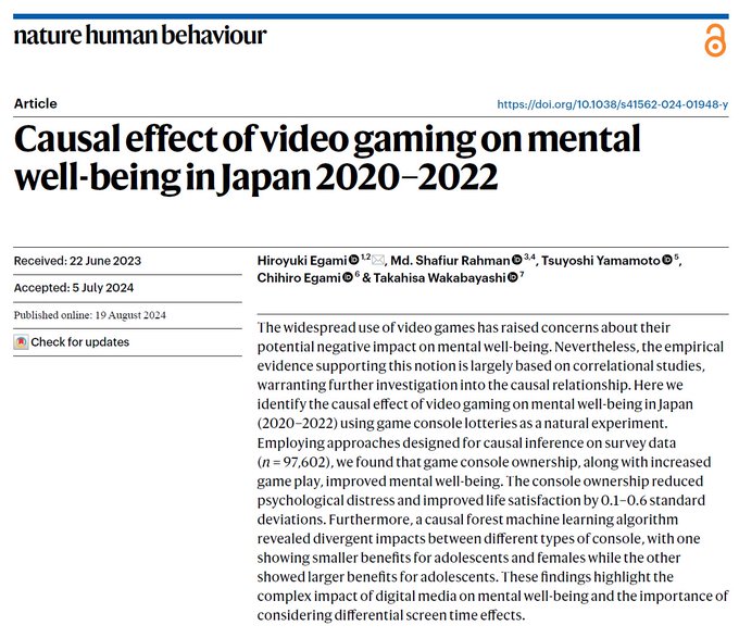 A screenshot of a Nature Human Behaviour article titled 'Causal effect of video gaming on mental well-being in Japan 2020–2022' by Hiroyuki Egami et al., published online 19 August 2024.