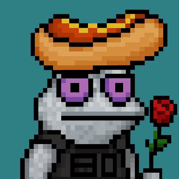 A pixel art illustration of a chef character wearing a white hat and gray shirt with purple eyes, holding a red rose against a teal background.