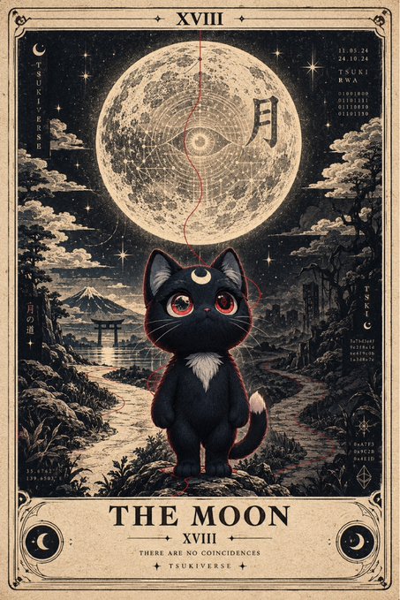 A mystical tarot card design titled 'THE MOON XVIII' featuring a large detailed moon with an eye in the center, a black cat with a crescent moon on its forehead sitting in the foreground, and the text 'THERE ARE NO COINCIDENCES' and 'TSUKIVERSE'.