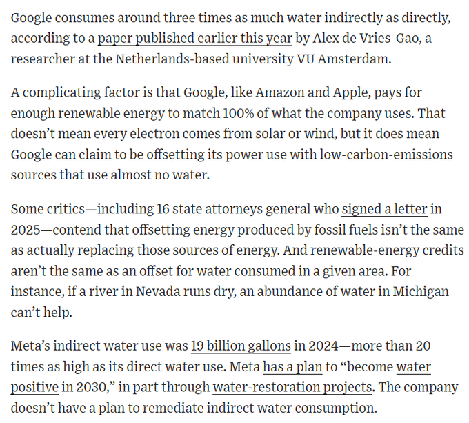 This image appears to be an article excerpt discussing tech giants' water consumption, noting Google's indirect water use is three times its direct use, and Meta's indirect water use hit 19 billion gallons in 2024—over 20 times its direct use—while neither company has a clear plan to address indirect consumption.

The caption mocks a short-selling thesis based on environmental/water concerns, implying it's a weak or unserious investment angle.