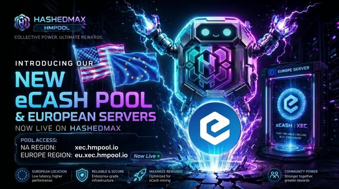The image is a promotional graphic from HashedMax HMPool announcing their new eCash (XEC) mining pool and European servers, featuring a robotic figure amid electric purple and blue energy, with connection details including xec.hmpool.io for North America and eu.xec.hmpool.io for Europe. The post celebrates that the pool is officially live after community demand, noting it has already mined 8 blocks and highlighting the new low-latency endpoints for US and EU miners shown in the graphic.
