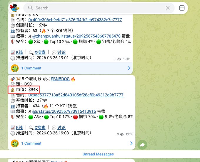 A screenshot of a crypto signals Telegram channel shows detailed token analysis with a market cap of $94k and contract address listed for $BNBDOG, illustrating the call-out referenced in the post.