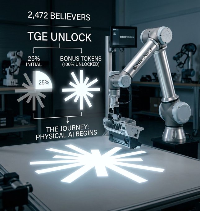 A sleek Axis Robotics (@axisrobotics) industrial robot arm is shown in a lab setting with projected text detailing their token unlock structure: "2,472 BELIEVERS," "TGE UNLOCK" with "25% INITIAL" and "BONUS TOKENS (100% UNLOCKED)," and the tagline "THE JOURNEY: PHYSICAL AI BEGINS." The image visually reinforces the post's explanation of Axis's bonus mechanism, where participants receive a 25% initial unlock plus fully unlocked bonus tokens at TGE.