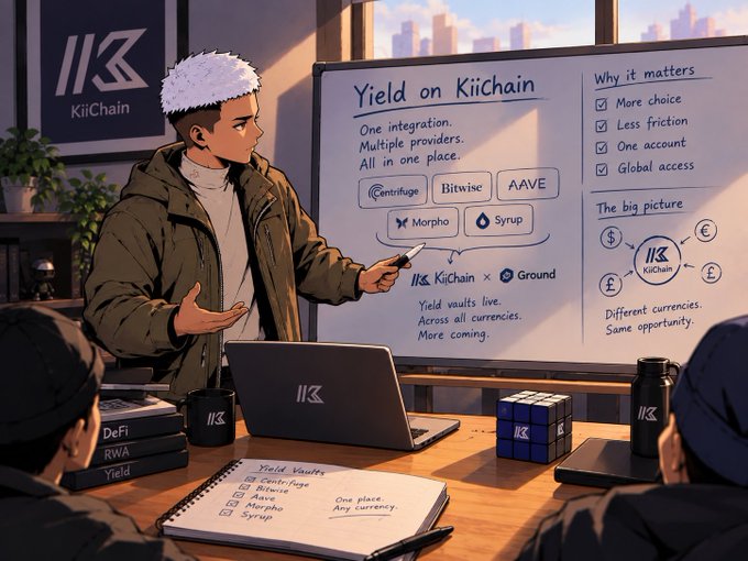 An anime-style illustration of a person presenting a whiteboard titled 'Yield on KiiChain' detailing integrations with Centrifuge, Bitwise, AAVE, Morpho, and Syrup, with KiiChain and Ground logos.