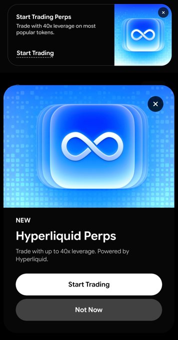 Promotional banner for Hyperliquid Perps offering up to 40x leverage on popular tokens, with Start Trading and Not Now buttons.