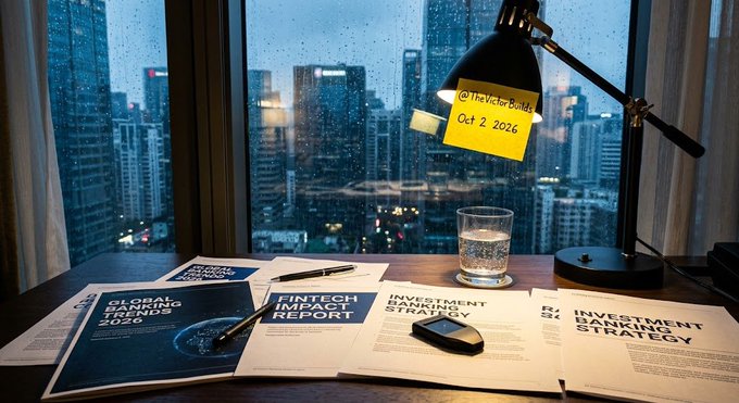 A moody desk scene overlooking a rain-streaked cityscape at dusk, with multiple banking and investment reports ("GLOBAL BANKING OUTLOOK 2026," "FINTECH IMPACT REPORT," "INVESTMENT BANKING STRATEGY") spread across the desk alongside a glass of water and a sticky note reading "@TheVictorBoldt Oct 2, 2026," visually reinforcing the post's claim that institutional players like Citi are quietly positioning themselves ahead of retail investors with bullish crypto targets.
