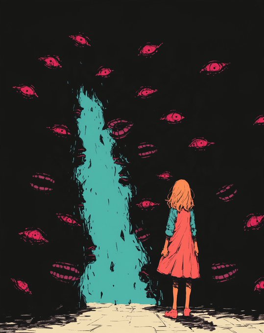 A stylized illustration showing a girl in a red dress standing before a blue portal, surrounded by glowing red eyes and grinning lips in the darkness.