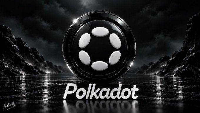 A sleek, dark 3D rendering of the Polkadot logo—a black circular emblem with six white dots arranged in a ring—floats above a reflective surface, with the word "Polkadot" displayed beneath it. The dramatic, moody lighting reinforces the post's question about whether DOT ($DOT) is a "sleeping giant," visually emphasizing the cryptocurrency's polished yet currently subdued presence after its past peak of nearly $55.