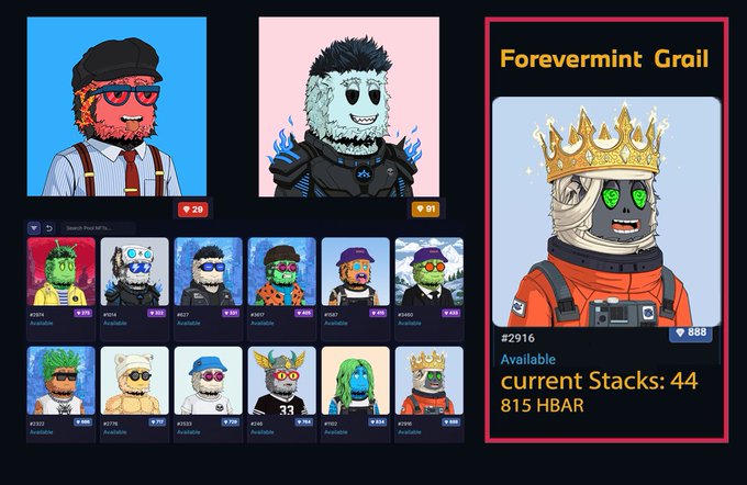 The image showcases various digital art pieces, including a collection of images that display futuristic creatures. The poster features the word "Forevermint" written at the top, suggesting an ongoing theme or concept throughout the artwork. Below the title, there is text stating that the FM Pool has just received another rare Rare Banger and predicting that the Holy Grail will continue to grow with 44 stacks. There are also numbers present in the image, likely indicating a ranking system for these digital artworks or possibly the number of items sold within a specific gallery.