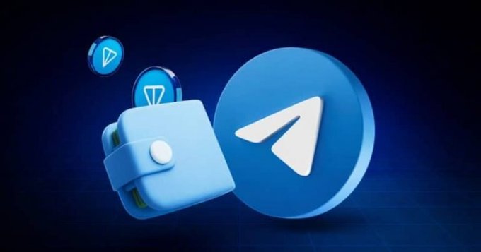 A digital illustration features a blue Telegram wallet icon alongside smaller Telegram coin tokens on a dark blue background.