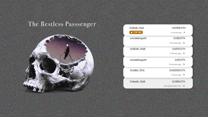 The image features a screenshot of an artwork titled "The Restless Passenger" by @ronnaldong, which seems to be an online painting. A caption beneath the image states that this piece connects with your work, expressing gratitude for appreciating their artistic input. Another piece from the artist is displayed below it, and another one follows above. The background of the image consists of a gray color, which further accentuates the artwork's presence on the screen.