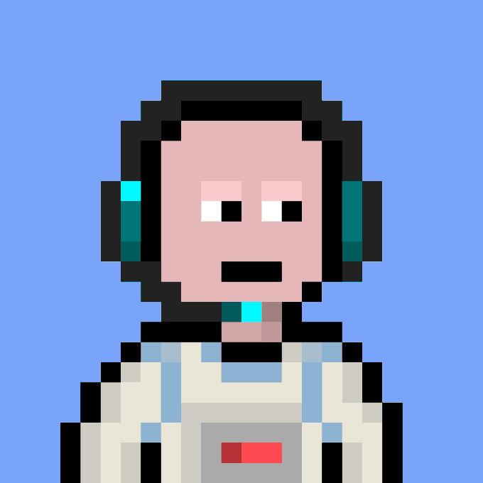 A pixel art portrait of a character with dark hair, wearing teal headphones and a white and blue outfit, set against a solid blue background.
