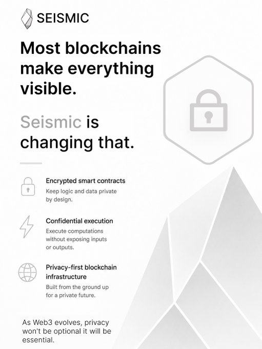 A promotional graphic for Seismic featuring a lock icon within a hexagon and a stylized mountain graphic, highlighting key features: "Encrypted smart contracts - Keep logic and data private by design," "Confidential execution - Execute computations without exposing inputs or outputs," and "Privacy-first blockchain infrastructure - Built from the ground up for a private future," with the tagline "Most blockchains make everything visible. Seismic is changing that."