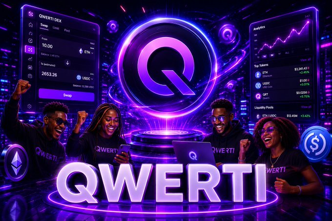 A vibrant purple and blue promotional graphic displays the 'QWERTI' logo alongside a 'QWERTI DEX' interface showing a swap function, analytics, and top tokens including ETH, USDC, and QRT.