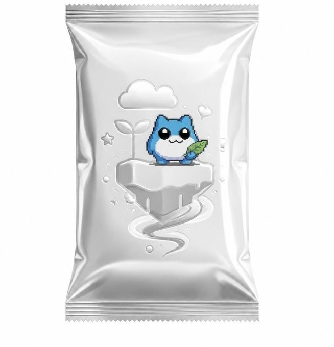 A silver foil snack bag features an embossed pixel-art design of a cute blue cat holding a green leaf on a floating island platform, accompanied by a small plant and hearts. The whimsical packaging imagery of patience, growth, and elemental nature mirrors the post's narrative about loyal participation in Tobyworld, holding $TOBY tokens, and embracing the project's evolving lore through "patience" and new elemental phases.