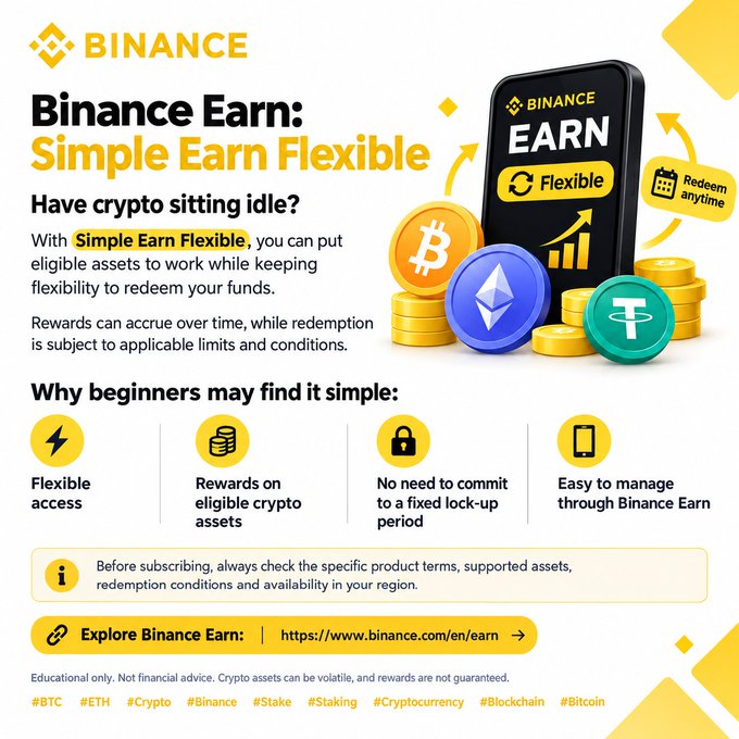 This promotional graphic from Binance advertises their "Simple Earn Flexible" product, featuring images of Bitcoin (BTC), Ethereum (ETH), and Tether (USDT) coins alongside a smartphone displaying the Binance Earn Flexible interface. The infographic highlights key beginner-friendly benefits including flexible access, rewards on eligible crypto assets, no fixed lock-up commitment, and easy management through Binance Earn, with a call-to-action link to https://www/binance.com/en/earn.