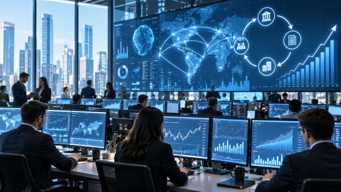 A modern financial trading room where multiple people work at monitors displaying stock charts, with a large screen showing a world map and global market statistics.