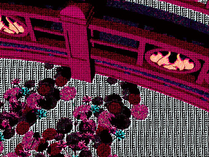 A halftone-style illustration showing purple and pink flowers spilling out of drawers, with bread loaves visible in the open compartments.