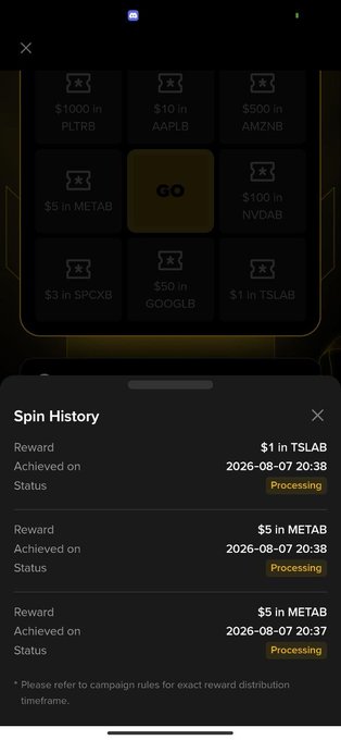 A mobile app screen displaying a 'Spin History' panel with recent rewards, including '$1 in TSLAB' and '$5 in METAB', alongside a prize wheel interface showing stocks like PLTRB, AAPLB, and NVDAB.