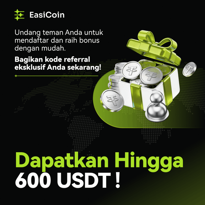 A promotional advertisement for EasiCoin in Indonesian, reading 'Undang teman Anda untuk mendaftar dan raih bonus dengan mudah' and 'Dapatkan Hingga 600 USDT!'.