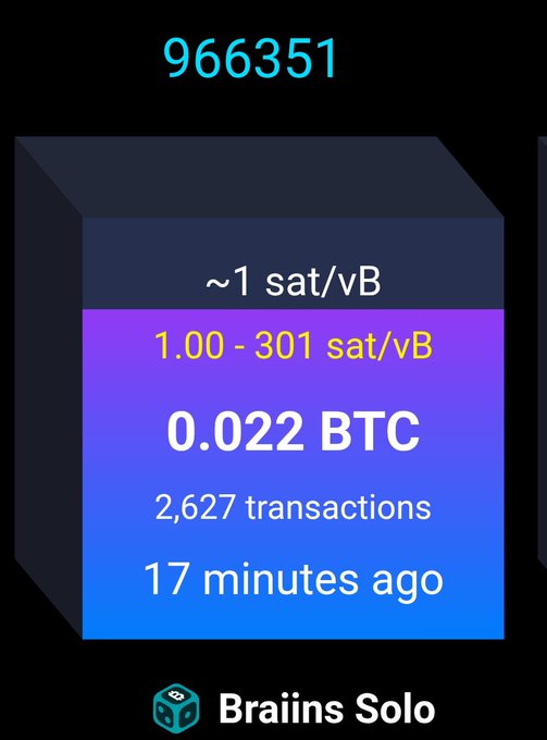 A cryptocurrency transaction card showing block number 966351 with a fee of ~1 sat/vB, a range of 1.00 - 301 sat/vB, containing 0.022 BTC across 2,627 transactions from 17 minutes ago on Braiins Solo.