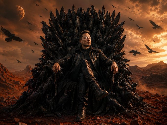 A man in dark attire sits on a throne made of dark, jagged material in a barren red landscape, surrounded by flying black birds under an orange sky featuring a large moon.