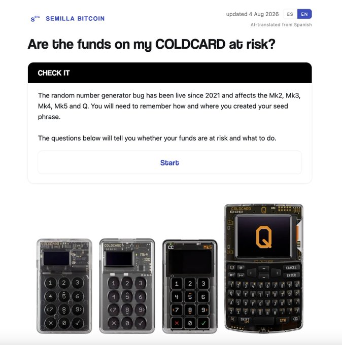 The image shows a webpage from Semilla Bitcoin titled "Are the funds on my COLDCARD at risk?" featuring a "CHECK IT" decision tree tool addressing a random number generator bug affecting COLDCARD Mk2, Mk3, Mk4, Mk5, and Q models, with product photos of four COLDCARD hardware wallet devices displayed below.