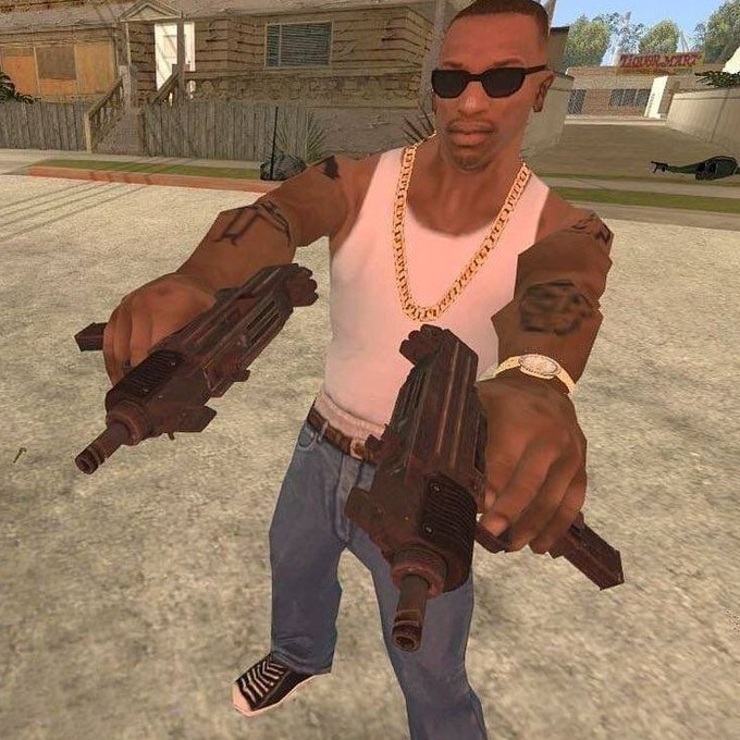 A video game character (CJ from GTA San Andreas) wearing a white tank top, gold chain, and sunglasses, holding two submachine guns.