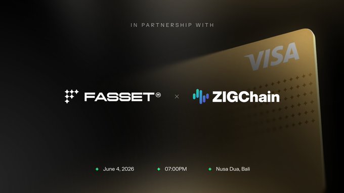 The image features a promotional video for Fasset, which is introducing a new era of stablecoin banking with access to real-world assets. The video showcases a gold Visa card placed against a black background, highlighting its design and functionality. In the background, there are two logos - one representing ZIGChain and another representing Visa. The text on the image reads "Fasset Introduces a New Era of Stablecoin Banking with Access to Real-World Assets. ZIGChain join as the official event partner. Includes early access rewards and a $ZIG community airdrop.", indicating that the video is promoting a partnership between Fasset and ZIGChain for stablecoins.