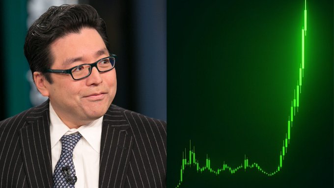 The image shows a man in a pinstripe suit and glasses on the left, alongside a green line chart depicting a steep upward price surge on the right, visually representing the dramatic crypto gains referenced in the post about BitMine's unrealized profits tied to Ethereum's ($ETH) price movement.