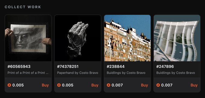 A 'COLLECT WORK' digital gallery interface displaying four pieces of artwork available for purchase with cryptocurrency, including '#60565943 Print of a Print of a Print...', '#74378251 Paperhand by Costo Bravo', '#238844 Buildings by Costo Bravo', and '#247896 Buildings by Costo Bravo'.