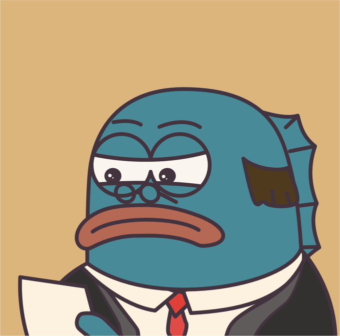A cartoon illustration of a blue fish-like character wearing a black suit, white shirt, and red tie, with a serious expression, small round glasses, and a tuft of brown hair.