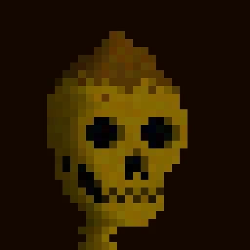 A pixel art rendering of a yellowish skull-like face on a dark background.