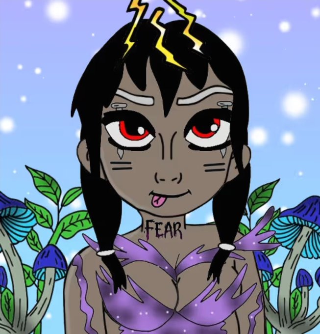 A cartoon-style illustration of a dark-skinned female character with red eyes, pigtails, lightning bolts above her head, and the word 'FEAR' tattooed on her chest, surrounded by mushrooms.