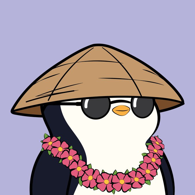 A cartoon illustration of a penguin wearing a straw conical hat, black sunglasses, and a pink flower lei against a purple background.