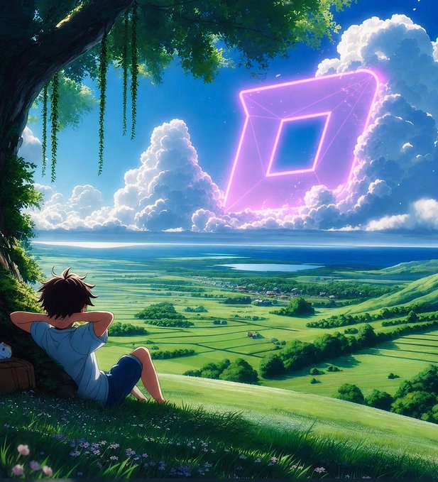 The image features a man sitting under a tree, looking at the ocean with a large pink diamond shape floating above him. The man appears to be resting or taking a break from his day while enjoying the view of the ocean. The post seems to be related to cryptocurrency and blockchain technology, as it mentions Bitcoin Cash and a new coin called "CT t-1". This could possibly be an advertisement for a cryptocurrency exchange or a discussion about the latest developments in the crypto world.