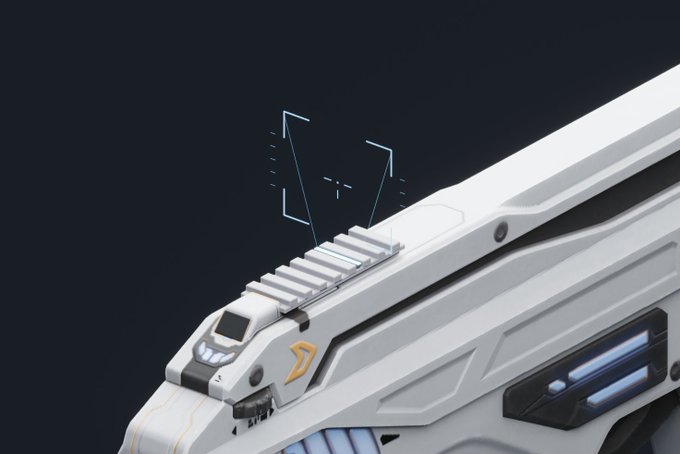 A close-up rendering of a futuristic white sci-fi weapon or device with a holographic targeting reticle and glowing blue accents.