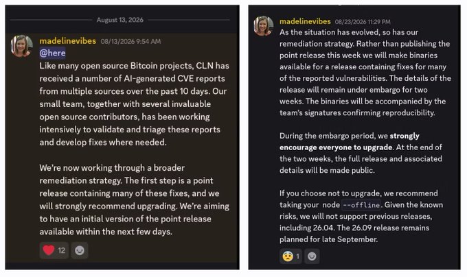 Two screenshots of Mastodon posts from user 'madelinvibes' dated August 13, 2026, discussing a remediation strategy for the open source Bitcoin project CLN in response to AI-generated CVE reports.
