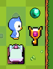 Pixel art of a blue penguin-like character standing near a trophy and a green orb on a green checkered background.
