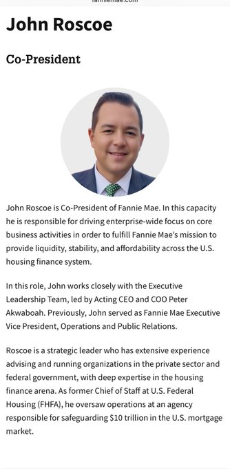 The image shows a Fannie Mae company profile page for John Roscoe, Co-President, noting he previously served as Chief of Staff at the U.S. Federal Housing Finance Agency (FHFA) and as Fannie Mae Executive Vice President. The accompanying post references "@pulte" (Bill Pulte, a Trump appointee at FHFA), suggesting a connection between Fannie Mae's leadership and FHFA oversight, possibly hinting at concerns about influence or collusion between housing finance regulators and government-sponsored enterprises.
