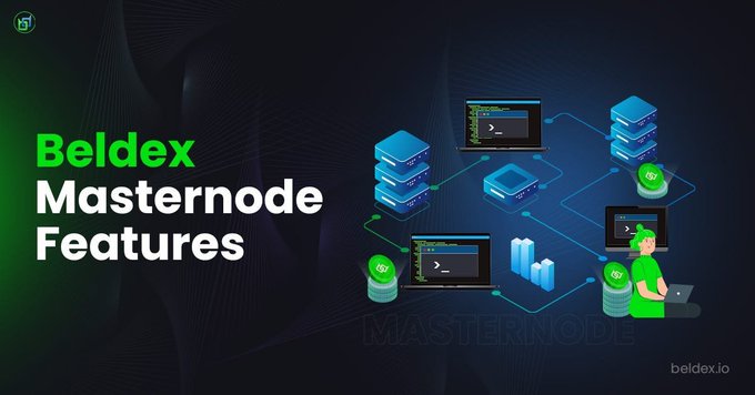 A promotional graphic for 'Beldex Masternode Features' with a dark blue background, displaying server illustrations, code snippets, a person at a laptop, and crypto-themed icons, branded with beldex.io.