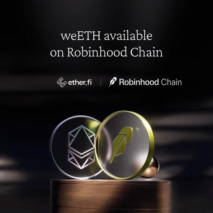 The image is a promotional graphic announcing that weETH is available on Robinhood Chain, featuring the ether.fi and Robinhood Chain logos above two metallic coins displayed on a podium—one bearing the Ethereum symbol and the other the Robinhood feather logo. The accompanying post highlights that users can access institutional-grade yield by staking ETH with weETH on Robinhood Chain from day one.
