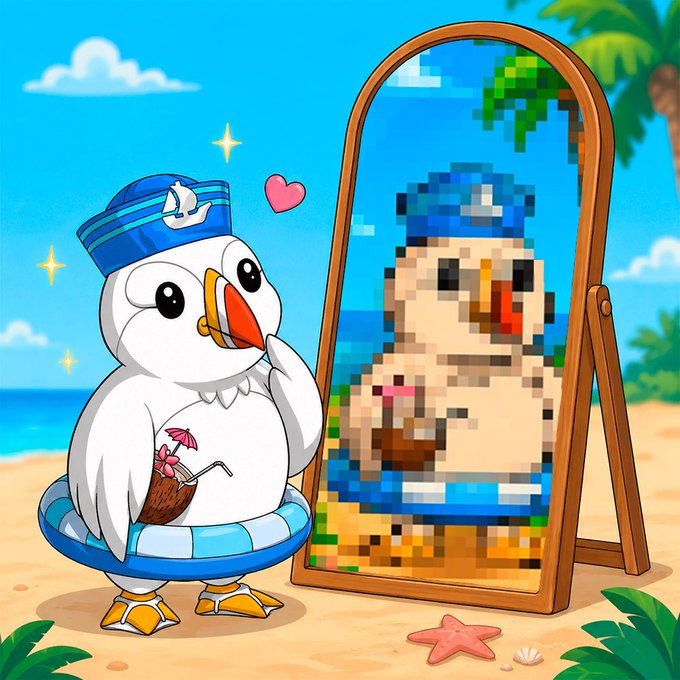 A cartoon illustration of a seagull wearing a blue sailor hat and holding a coconut drink, standing next to a mirror that reflects a pixelated image of itself on a beach.